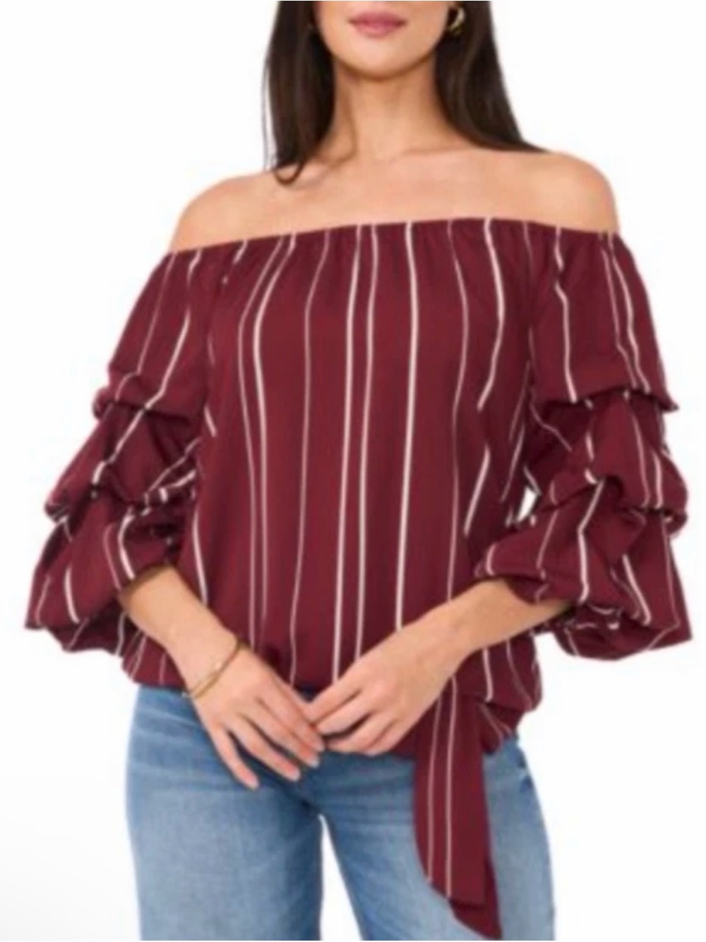 Vince Camuto Striped Off the Shoulder Bubble Sleeve Tie Front Blouse Merlot XL